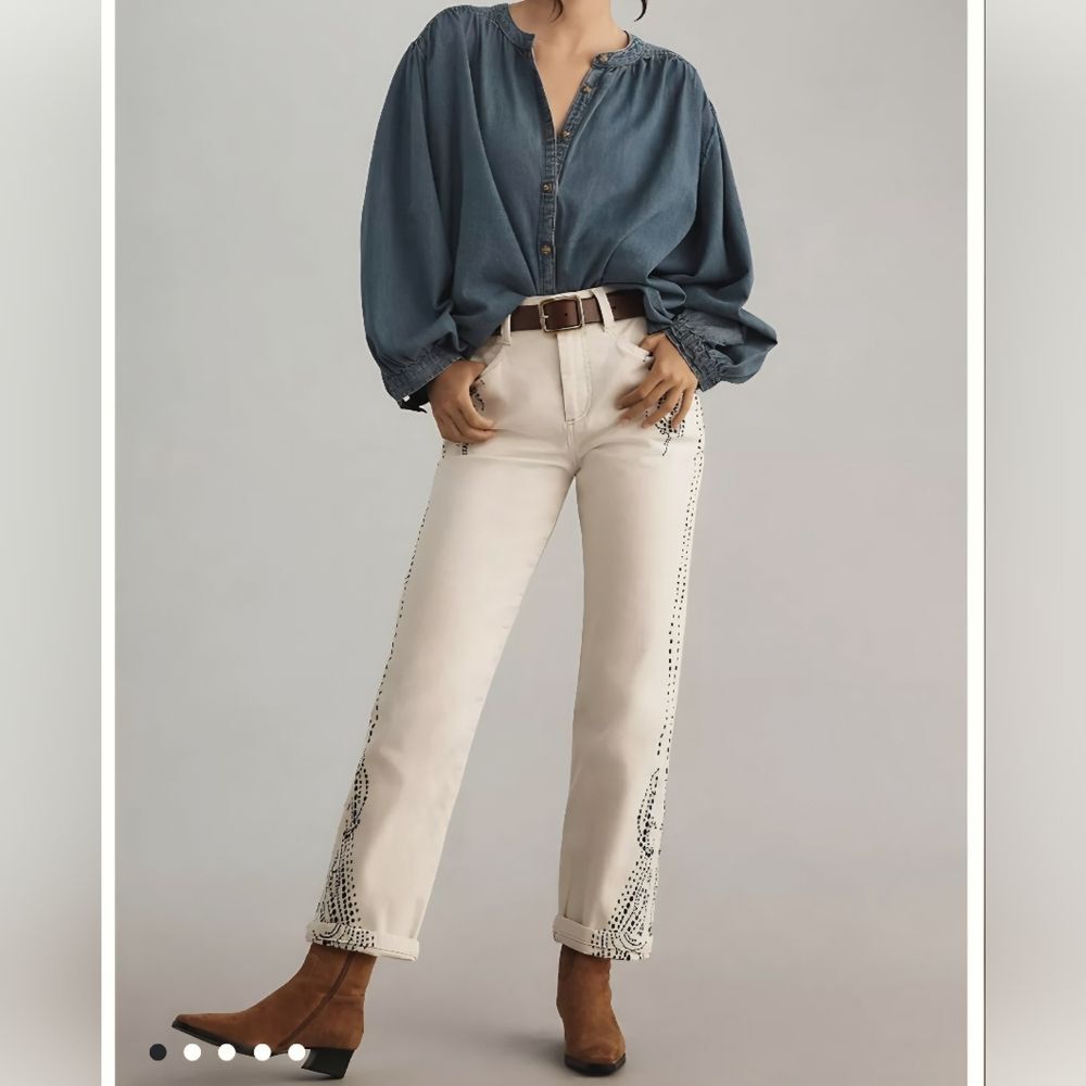 Pilcro Embroidered Slim Slouch Mid-Rise Straight Leg Jeans Cream Blue Size 29